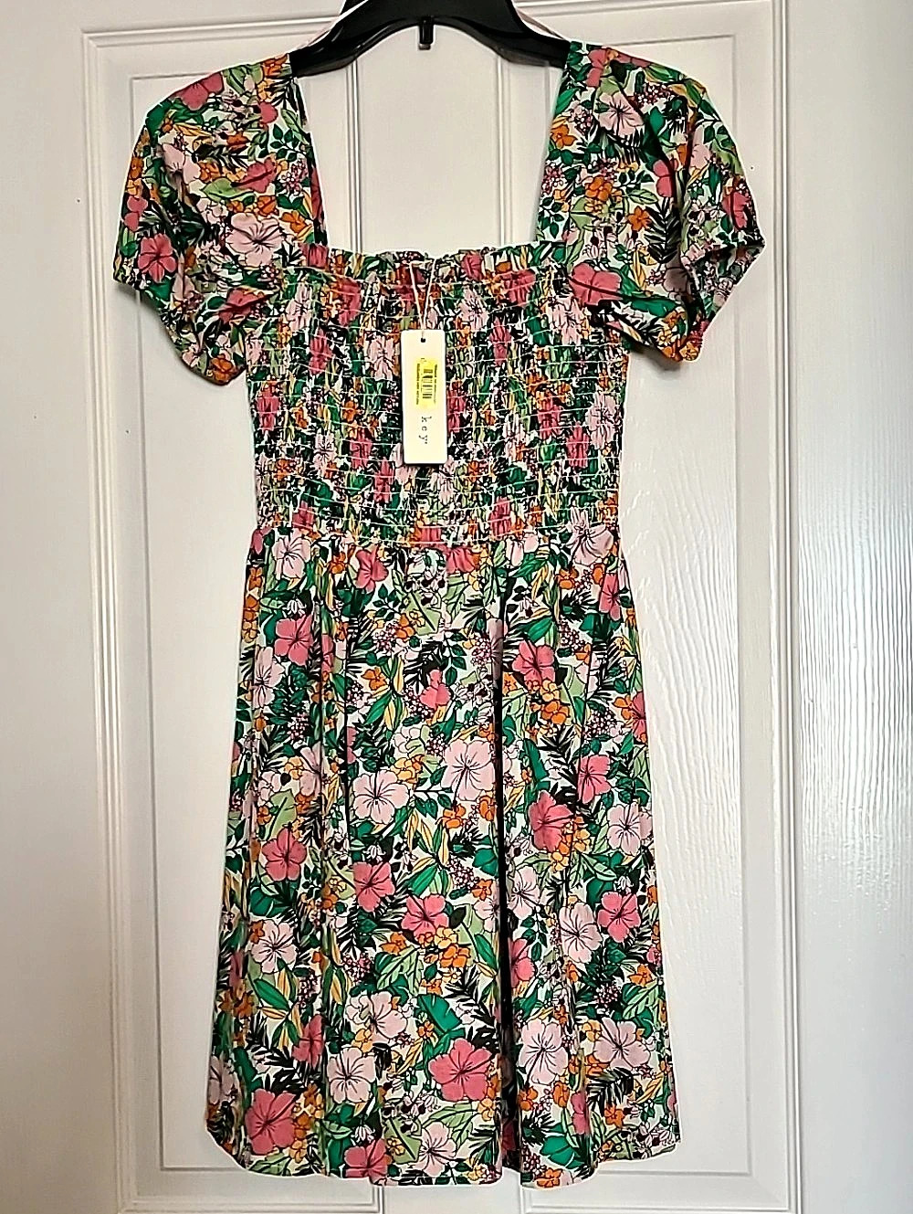 Copper Key Ditsy Hawaiian Floral Print Short Puff Sleeve Smocked Mini Dress